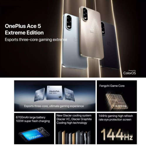 OnePlus Ace 5 Ultra, 12 Go + 512 Go, 6,83 pouces, ColorOS 15.0, MediaTek Dimensity 9400+ Octa Core, NFC, réseau : 5G (couleur titane) SO65TC1911-020